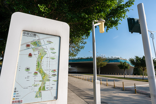 Taichung City, Taiwan - November 28, 2022 : Map sign of Taichung Central Park. Xitun District Shuinan Economic and Trade Area.