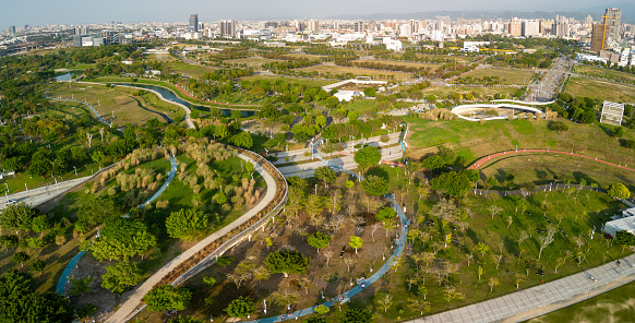 Taichung City, Taiwan - November 28, 2022 : Aerial view of Taichung Central Park. Xitun District Shuinan Economic and Trade Area.