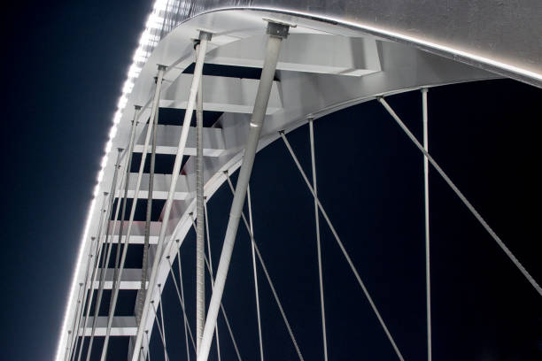 istock Arch bridge by side at night. Construction. White bridge. Suspension bridge. 1453290451