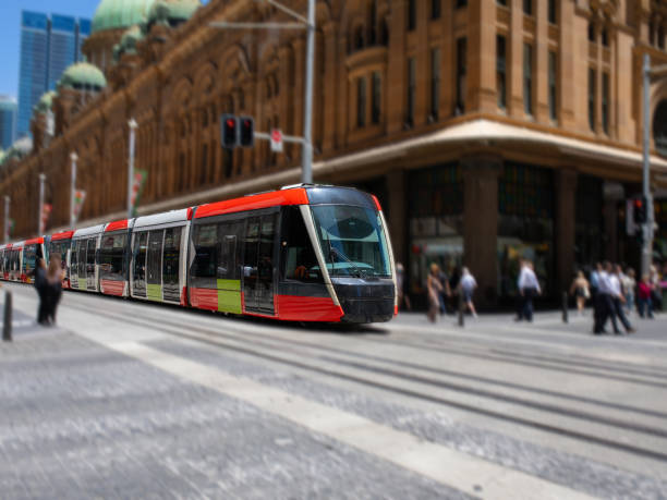 istock Tram moving through George in CBD Sydney NSW Australia 1453291047