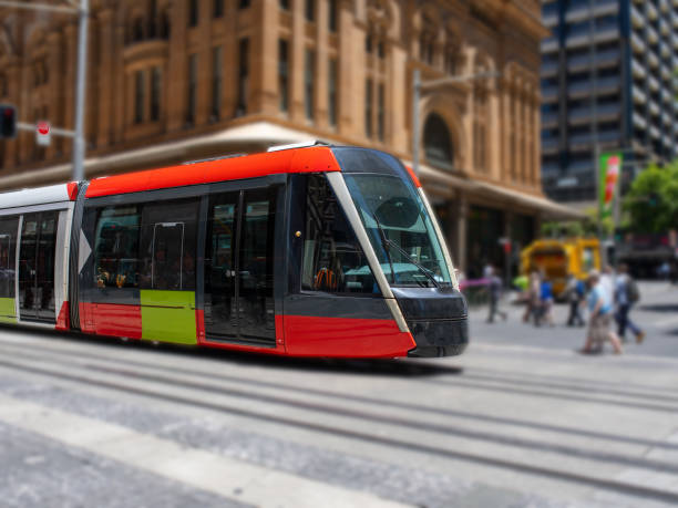 istock Tram moving through George in CBD Sydney NSW Australia 1453291070
