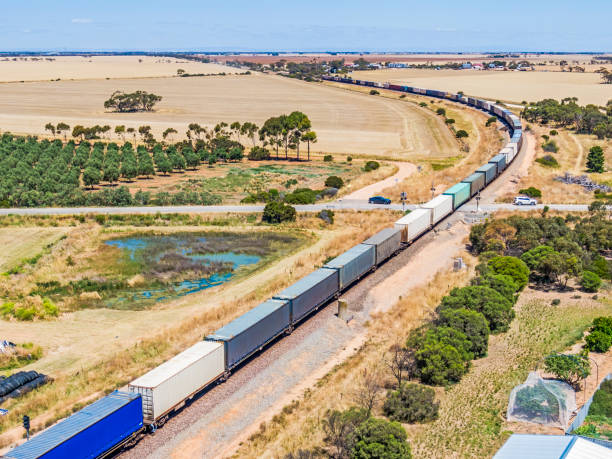 istock Container freight train curves around farmland in rural South Australia 1453291810