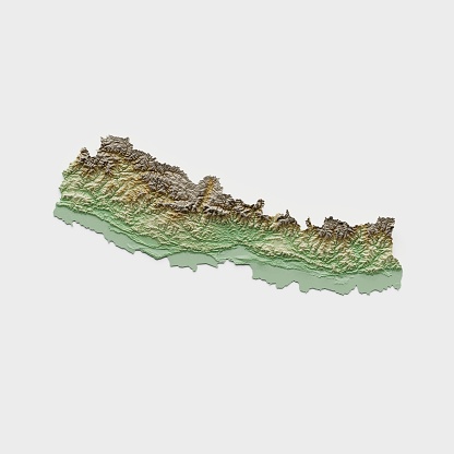 3D render of a topographic map of Nepal. All source data is in the public domain. SRTM data courtesy of the U.S. Geological Survey.