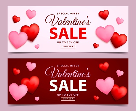 Valentines day sale banner template. Holiday shopping promotion background with red and pink heart elements. Discount promotion, shopping voucher, special offer. Vector illustration