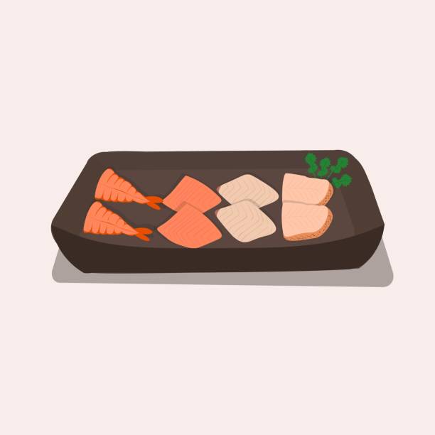 illustrazioni stock, clip art, cartoni animati e icone di tendenza di cucina nazionale giapponese, affettatura del pesce. illustrazione vettoriale di sashimi. - chef lunch food gourmet