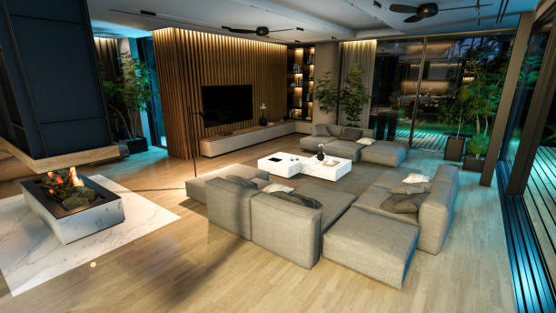 istock 3d rendering of modern cozy interior with living, dining zone, stair and kitchen in night 1453302984