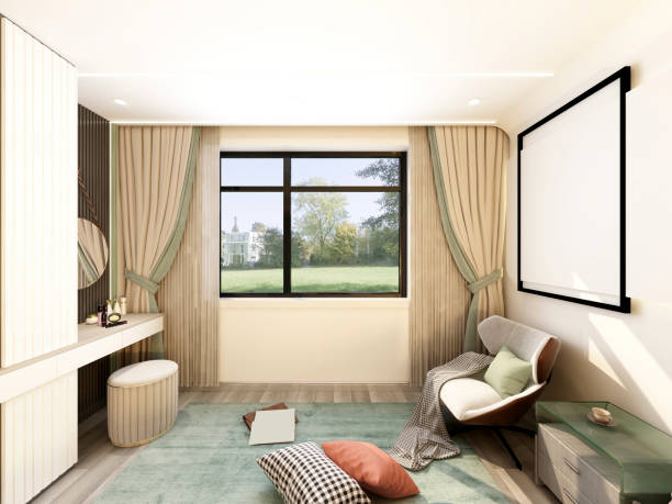istock 3D rendering, clean and tidy Nordic style bedroom design 1453307473