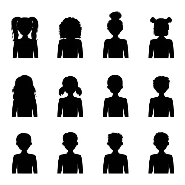 Vector illustration of Silhouettes of children, girls and boys, vector illustration