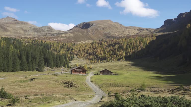 old traditional wooden huts on a meadow at the austrian Alps