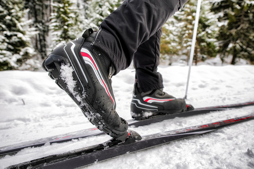 detailed view of a cross-country skiers shoe. Winter sport activity.