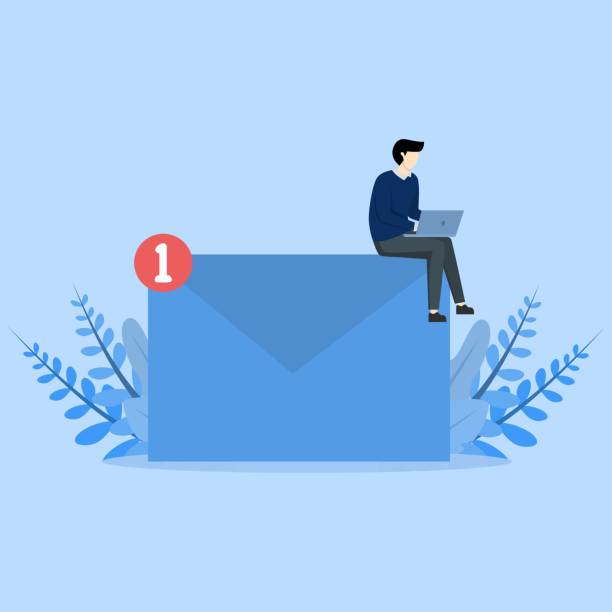ilustraciones, imágenes clip art, dibujos animados e iconos de stock de hombre de negocios trabajando con computadora portátil en sobres de correo electrónico - manilla envelope
