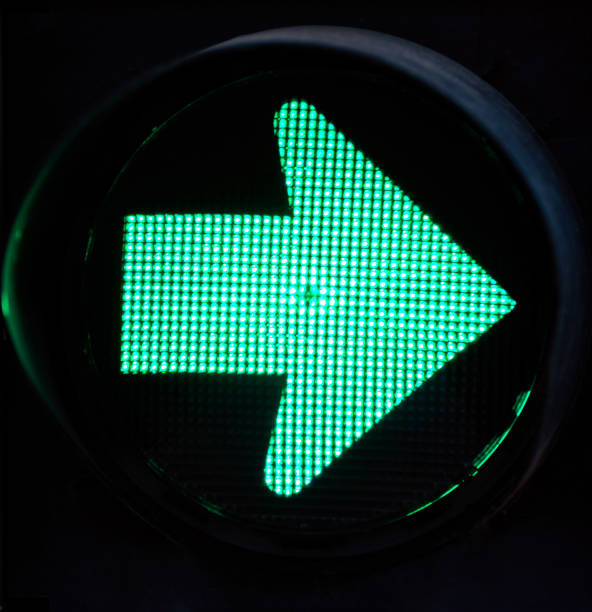 istock Right direction. Green arrow light on traffic lights showing turn right 1453315786