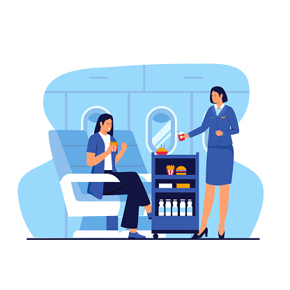 Flight attendants serve passengers on the plane. Illustration for website, landing page, mobile app, poster and banner. Trendy flat vector illustration