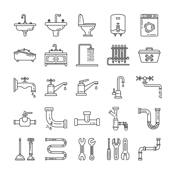 ilustraciones, imágenes clip art, dibujos animados e iconos de stock de conjunto de iconos de fontanería - plumber water pipe leaking water