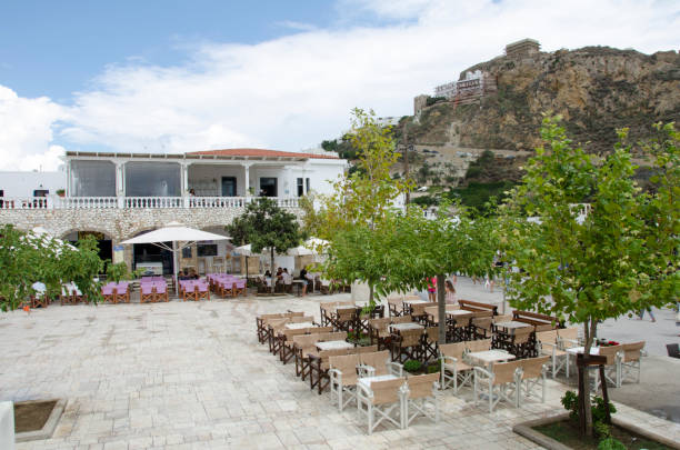 town square of skyros island. sporades islands . greece - sky sea town looking at view imagens e fotografias de stock