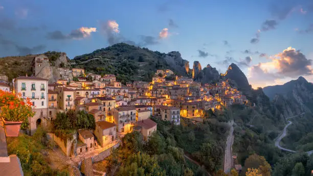 Castelmezzano, Italy in the Basilicata region at dawn.