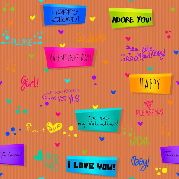 Vector illustration of Valentine's day in cartoon style. Love notes and declarations of love on a cardboard background with hearts. Seamless background of love.