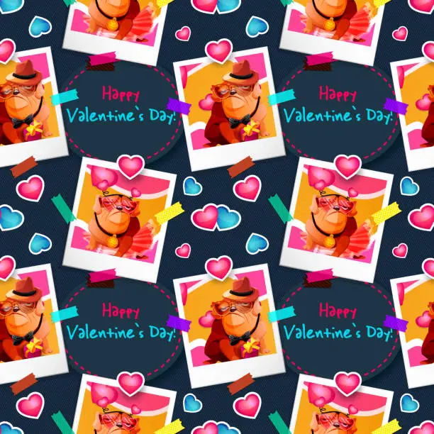 Vector illustration of Love concept in cartoon style. Photographs of bulldogs in love on a denim background with hearts. Seamless background of love.