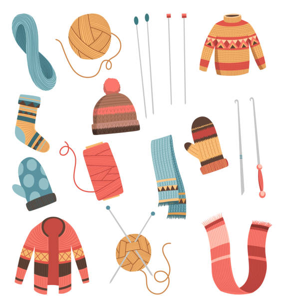 Collection of winter knitted clothes and knitting tools isolated on white background - woolen jumper, cardigan and scarf. Knitting hobby. Handmade craft hobby, fashion clothes for cold weather Collection of winter knitted clothes and knitting tools isolated on white background - woolen jumper, cardigan and scarf. Knitting hobby. Handmade craft hobby, fashion clothes for cold weather. winter fashion collection stock illustrations