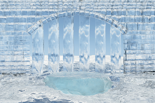 Abstact 3d render winter scene and Natural podium background, Podium on the ice ground,  backdrop ice window and wall for product display advertising or etc