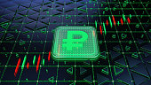 Currency exchange rate, ruble index investors in the stock market Forex on the candlestick chart trading background. Global finance. Concept 3D illustration.