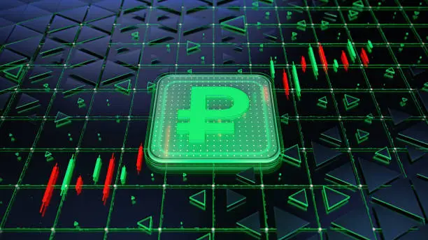 Currency exchange rate, ruble index investors in the stock market Forex on the candlestick chart trading background. Global finance. Concept 3D illustration.