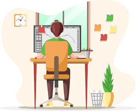 Graphic Designer Creating His Artwork Using Computer Software Digital ...