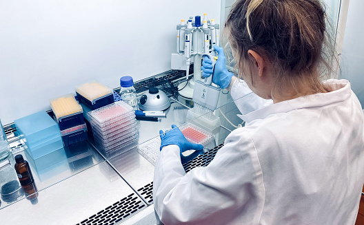 A laboratory technician performing biological activity evaluation of a new anticancer drug using elaborated laboratory equipment. The experiment is carried out in a sterile environment.