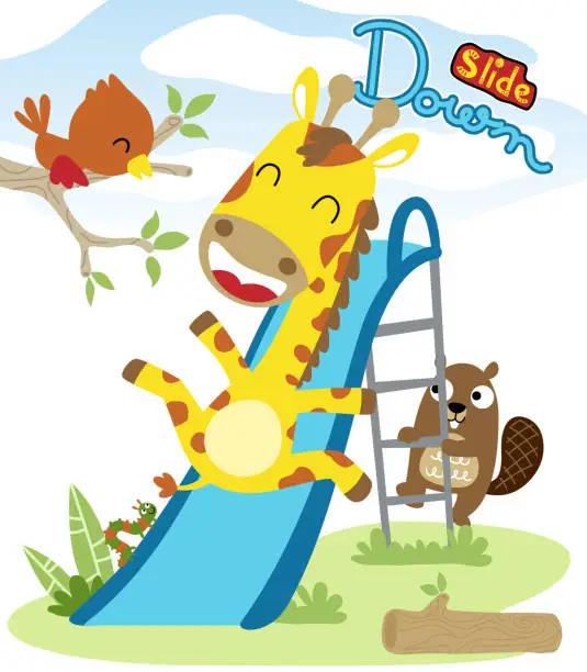 Vector illustration of Happy animals cartoon playing slide down