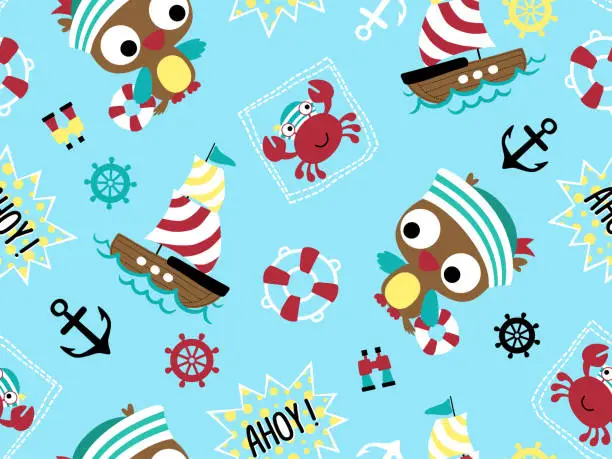 Vector illustration of Vector seamless pattern of funny owl and crab with sailor cap, sailing elements cartoon