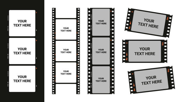 Film roll frames. Retro analog blank filmstrips borders with space for text, photo cinema tape slide for vintage camera. Vector isolated banner set Film roll frames. Retro analog blank filmstrips borders with space for text, photo cinema tape slide for vintage camera. Vector isolated banner set of strip reel analog, slide frame blank illustration negative image technique stock illustrations