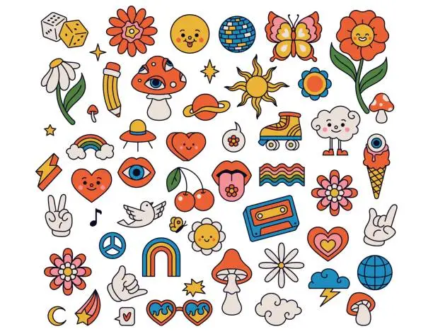 Vector illustration of Groovy elements collection flowers mushroom and rainbow