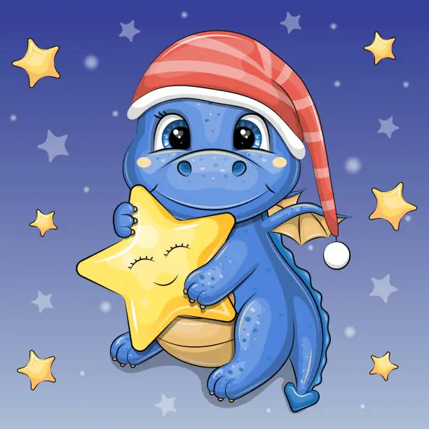 Vector illustration of Cute cartoon blue dragon in red nightcap holds a yellow star.