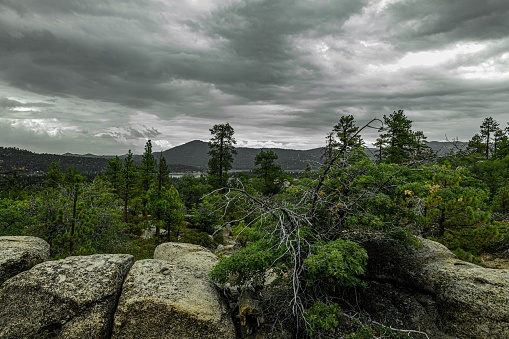 Countryside view of large rocks and green trees against the background of mountains under gloomy cloudy sky