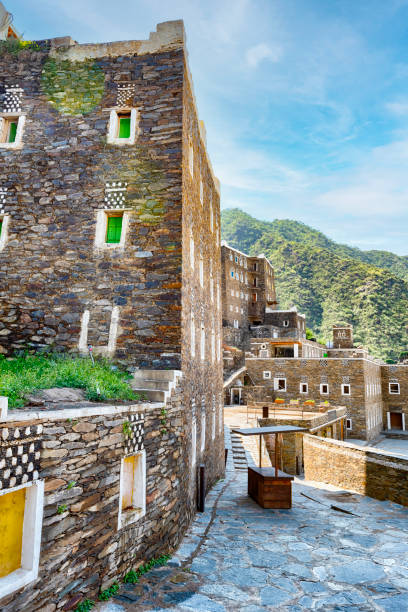 The characteristic houses of the village of Al Rijal Alma in the mountains close to Abha, in the Assir region of southern Saudi Arabia