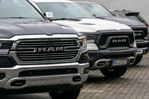 Berlin, Germany - 11 January, 2020: RAM 1500 pick-up vehicles on a public parking. This model is one of the most popular pick-up vehicles in the world.