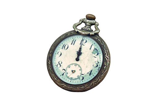 Old hand clock on a vintage, isolated on a white background