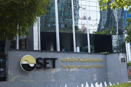 Entrance sign to modern Stock Exchange of Thailand SET in Bangkok seated at Ratchadaphisek Rd
