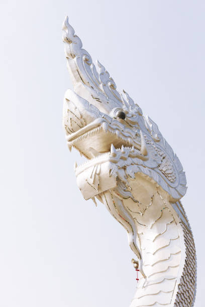 Head of white giant Naga snake statue in sky in morning. Statue is at shrine directly at Mekong river north of city Nakhon Phanom
