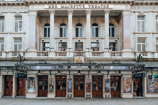 London, UK - December 26, 2022: Exterior of Her Majesty's Theatre, a theatre in West End of London. The name will revert to His Majesty's Theatre after the coronation of Charles III in 2023.