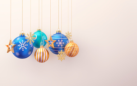 3d Render Blue, Yellow, Turquoise Christmas Balls Decorations, Snowflake, Star Shape Concept (Close-up)