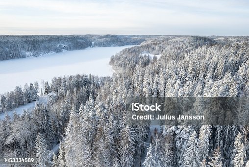 istock Aerial view to snowy forest in Nuuksio national park in Finland 1453334589
