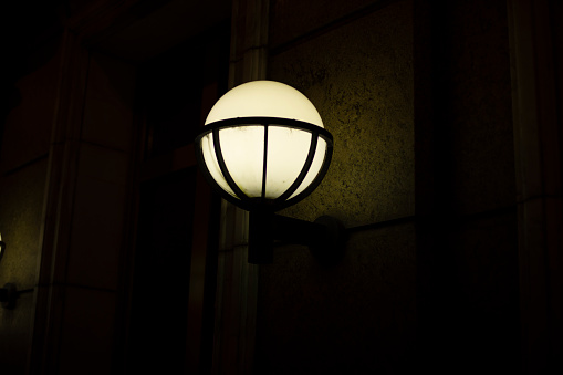 Lamp on street. Light in city. Round light source. Lamp ball.