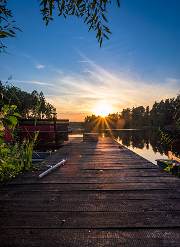 A vertical shot of a wooden pier on a lake surrounded by trees and vegetation at sunrise
