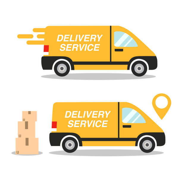 illustrazioni stock, clip art, cartoni animati e icone di tendenza di furgone di consegna su sfondo bianco - delivery van distribution warehouse vector shipping