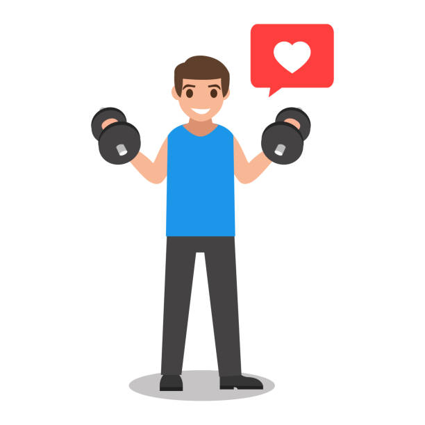 ilustrações de stock, clip art, desenhos animados e ícones de fit man with dumbell illustration - health club gym young men dumbbell