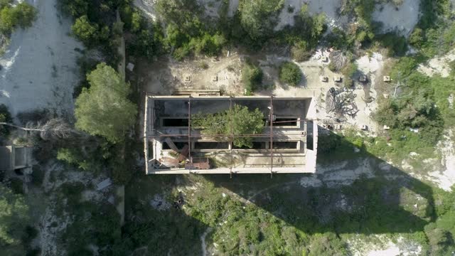 Aerial view of a deserted building in a woodlands, Carmel Forest, Haifa, Israel