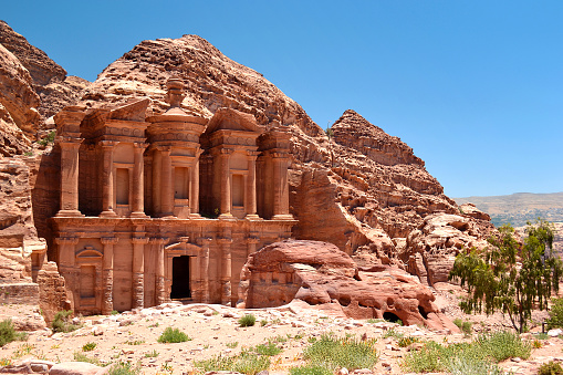 Ancient rock city of Petra, Ad Deir Monastery, sandstone carved archaeological site, Siq Canyon, Jordan.