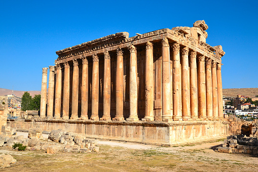 Ancient Roman Bacchus Temple with surrounding ruins in Baalbek in the fertile Bekaa Valley in eastern Lebanon.