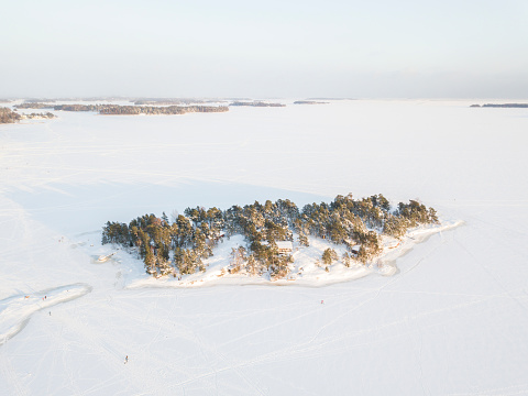 Aerial view to the archipelago in Southern Finland in winter.